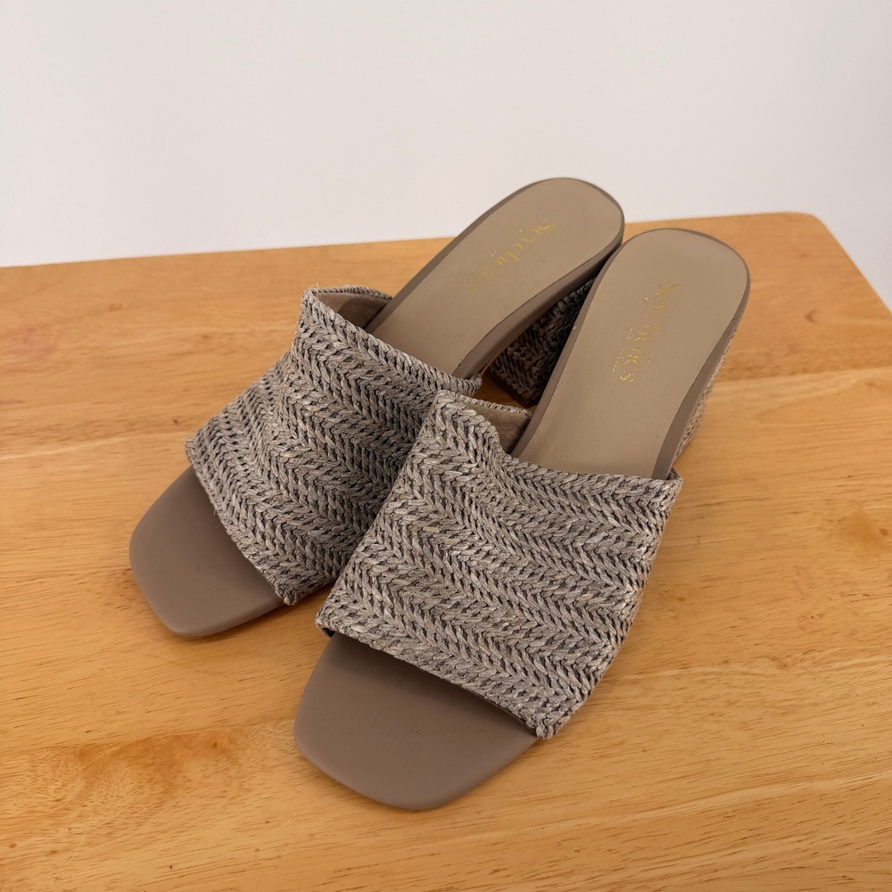 Seychelles Slide Sandals Women 7.5 Taupe Woven Raffia Block Heel Square Toe Boho